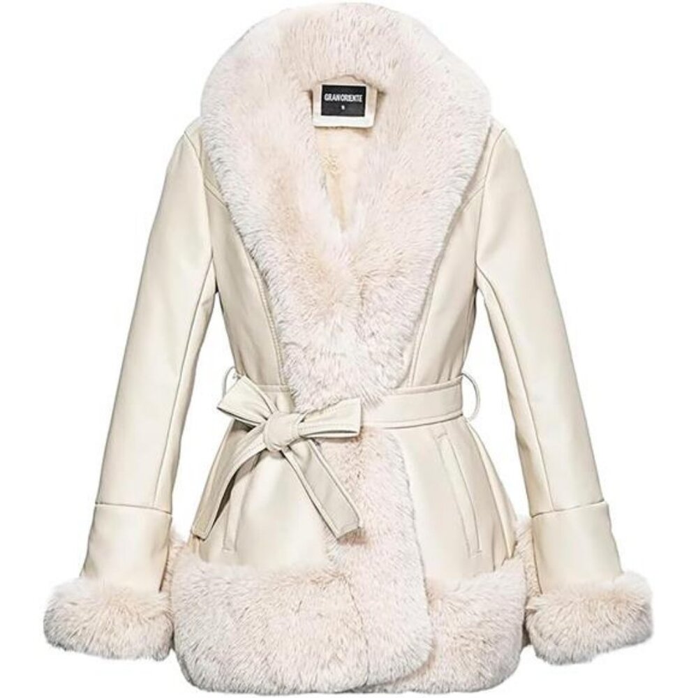 GRAN ORIENTE Women's Faux Leather Jacket with Faux Fur Collar, Winter‎ Long